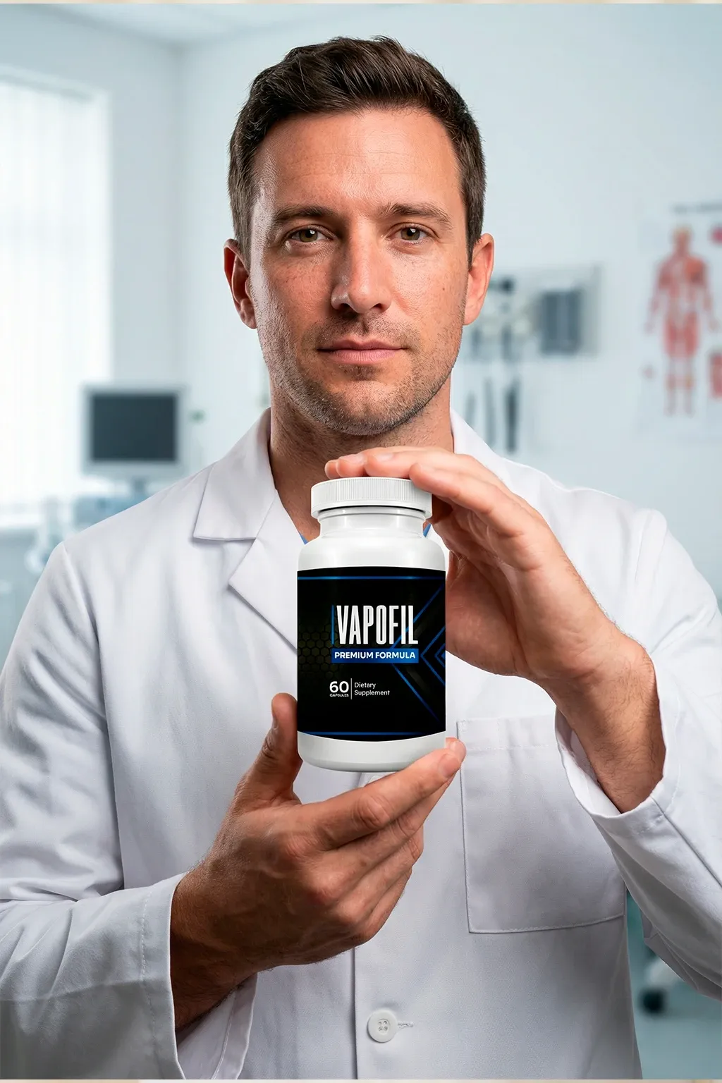 Doctor holding VapoFil supplement bottle